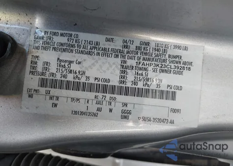 2012 Ford Focus Se z USA, uszkodzony, nr VIN 1FAHP3K23CL392818